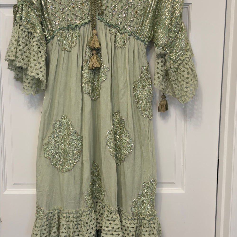 Elegant Maxi Dress in Sage Green with Tassel Details